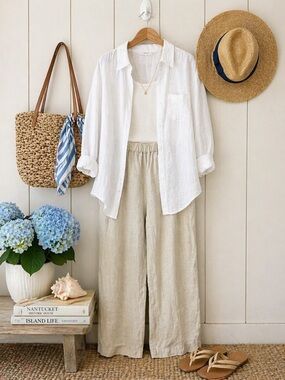 TALIA BENSON 100% Linen Pants Medium Taupe Coastal Lagenlook Beach Travel